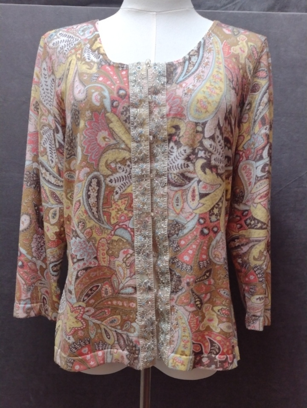 Talbots Med Paisley Scoop-Neck Beaded Front Sweater Coral, Yellow, 3/4 Sleeve